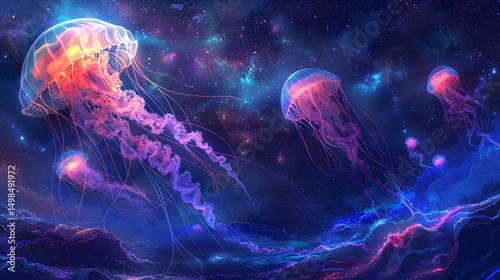   A surreal jellyfish-cat hybrid floating in a cosmic deep space environment