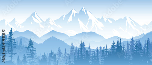 Mountain landscape with forest, morning haze, vector illustration, panoramic view