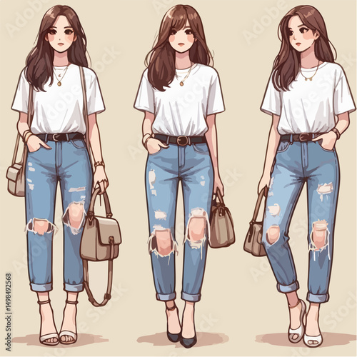 a woman is wearing casual clothes and ripped jeans