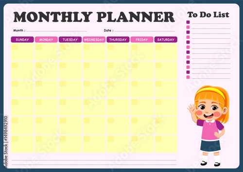 monthly schedule with illustrations of small children. suitable for children to use in organizing monthly schedules