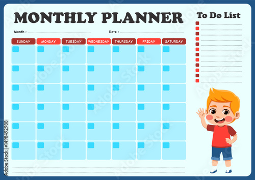 monthly schedule with illustrations of small children. suitable for children to use in organizing monthly schedules