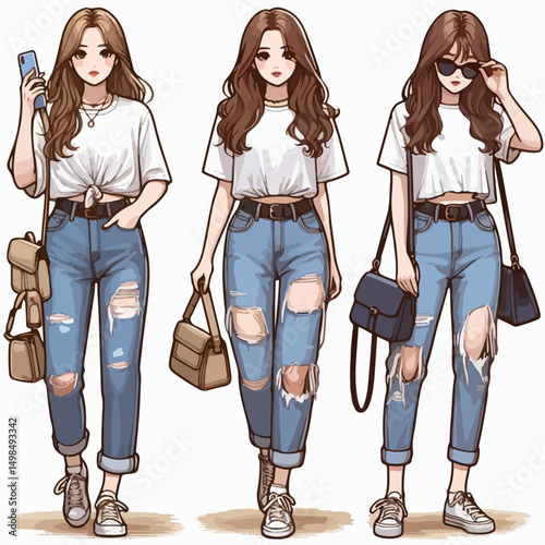 a woman is wearing casual clothes and ripped jeans