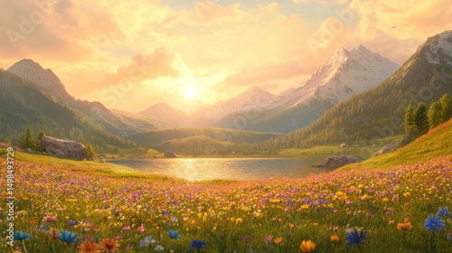Alpine meadow sunset wildflowers and majestic mountain landscape