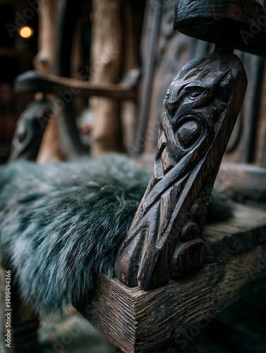 Close up of Intricately Carved Wooden Chair Armrest with Fur Throw. A detailed image showcasing craftsmanship and texture.