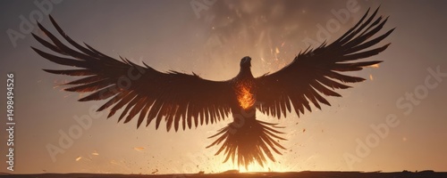 Blazing phoenix silhouette, wingspan immense, burning feathers,  dark, silhouette,  orange