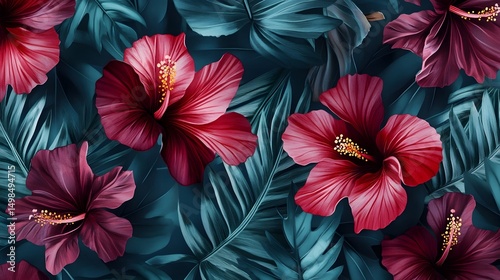 Vibrant burgundy hibiscus flowers with teal tropical foliage