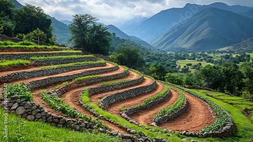 Terraced agro cultural mosaic illustrating stone retained cultivation beds sacred irrigation canals community threshing grounds and ancestral field altars in a protected heritage zone