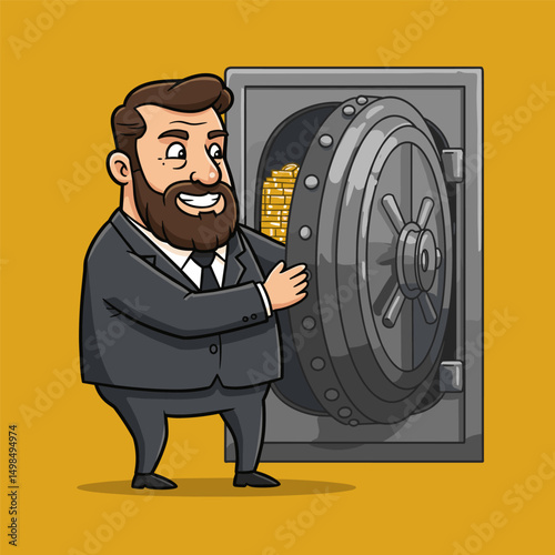 A logo showing a confident banker holding a financial report.