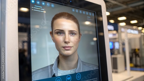 Futuristic Identity Concepts in Manufacturing Aesthetics. A lifelike digital human avatar is displayed on a large screen at a technology exhibition.