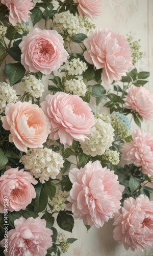 Soft pastel faux rose, peony & hydrangea floral wall  Vintage style ,  soft,  home decor