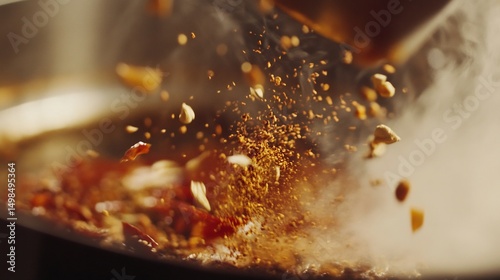 Close up of spices being added a dish during cooking Flavor enhancement aromatic