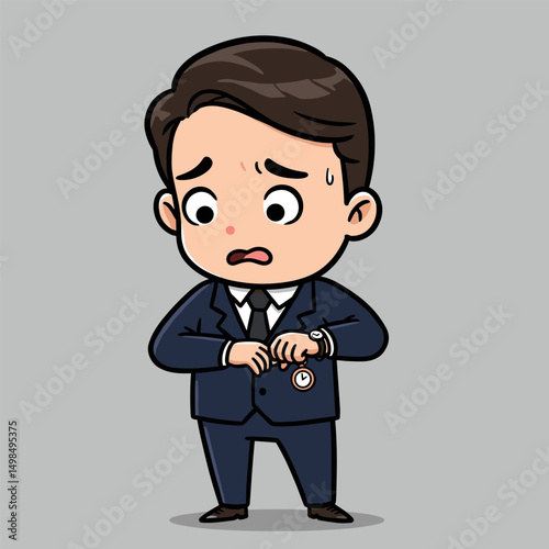 A cartoon businessman in a navy blue suit looks worried while checking his wristwatch, sweating and clearly stressed about being late.