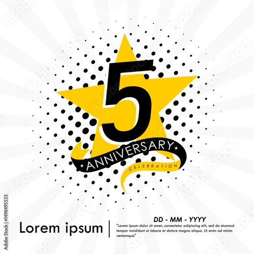 5th years anniversary celebration emblem. congratulations anniversary logo isolated with ribbon and star on white background. vector illustration template design for web, flyers, poster, greeting