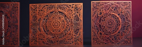 Intricate laser-cut cards, vibrant hues, festive designs ,  die cut,  retro