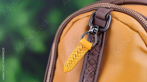 Close-up of a stylish leather backpack zipper with a braided pull tab against a blurred green backdrop