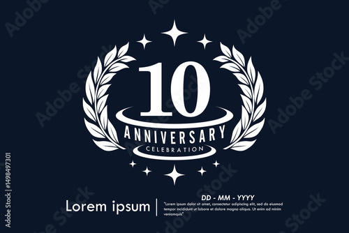 10th years anniversary celebration emblem. congratulations anniversary logo isolated with laurel wreath and stars on Black background. vector illustration template design
