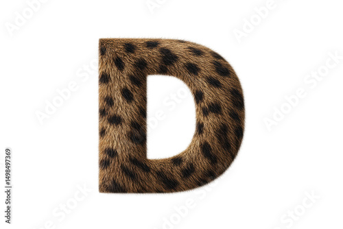 Leopard print furry letter d uppercase alphabet design with animal texture, cut out