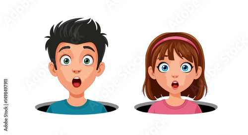 Happy Cartoon Children Peeking Out of a Hole, Vector Illustration