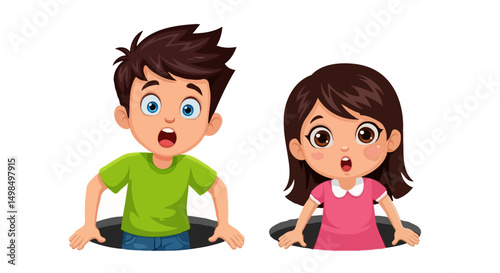 Curious Cartoon Kids Peeking Through a Hole, Vector Illustration