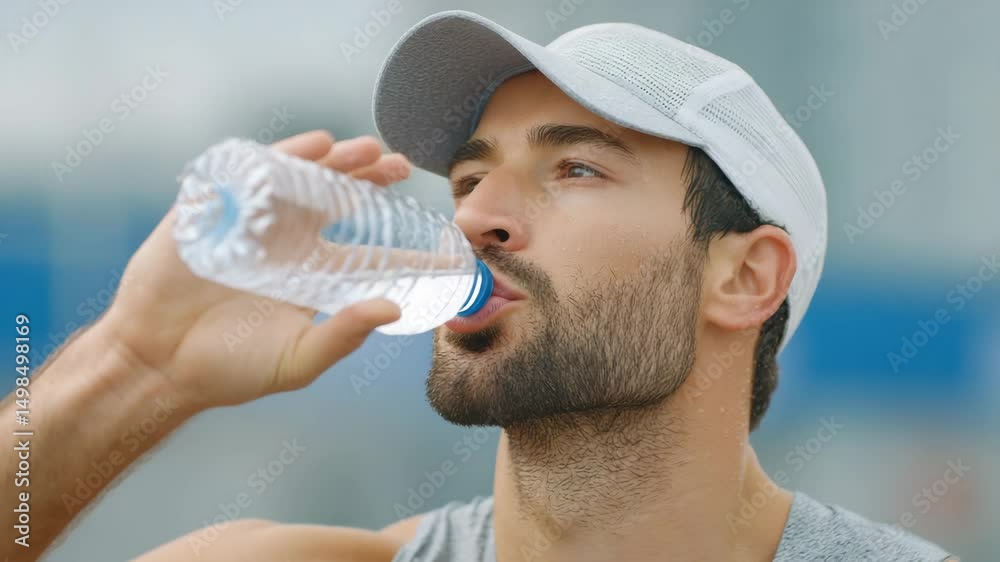 Refreshing Hydration: A focused sportsman, clad in athletic gear, takes a hydrating sip from a transparent water bottle, embodying thirst satisfaction and peak performance
