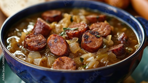 Close up of hearty sausage and cabbage stew simmering in a rustic blue bowl offering warmth and comfort