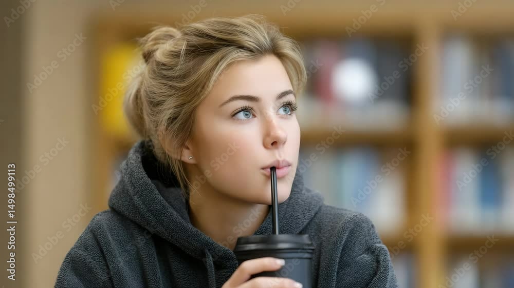 Contemplative Sip: A young individual, lost in thought, takes a moment to pause, sipping from their beverage, evoking tranquility and introspective mood.