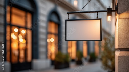 A rectangular, blank white sign, framed in matte black metal, hangs from a black metal bracket on a light beige, textured building facade. photo
