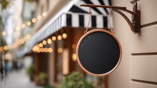 A round, black, blank sign, with a copper-bronze frame, hanging from a copper-bronze bracket on a light beige building. photo