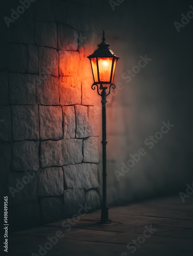 Illuminated Street Lamp Against a Stone Wall at Night. A solitary lamp casts a warm glow on a dark, textured stone wall, creating a moody and atmospheric scene.