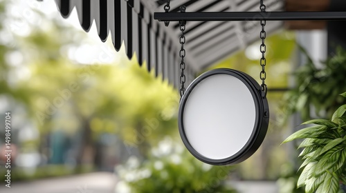A round, blank, white sign with a black metal frame hangs from chains, set against a cafe awning with black and white striped fabric and blurred greenery. photo