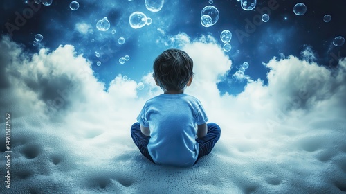 Dreamy Child Gazing at Floating Bubbles in a Magical Sky Scene