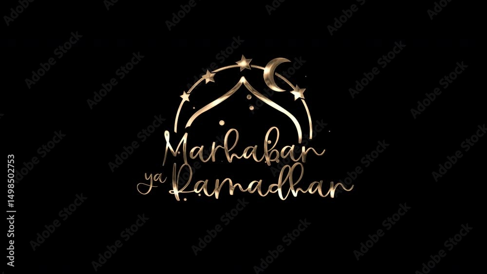 Gold marhaban ya ramadhan text animation with stars and a crescent moon. Perfect for Ramadan greeting cards