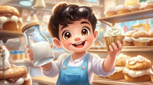 Happy Child Holding Milk and Cupcake in a Bakery Setting