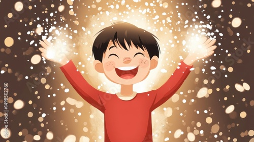 Happy child in red shirt with sparkles and joyful expression