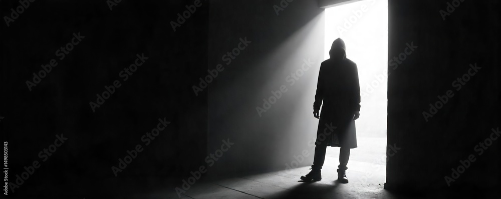 Obraz premium A shadowy figure in monochrome, subtly implying theft; a stark contrast of light and dark highlights the clandestine action Perfect for mystery, intrigue, and crime-themed projects , white, detective