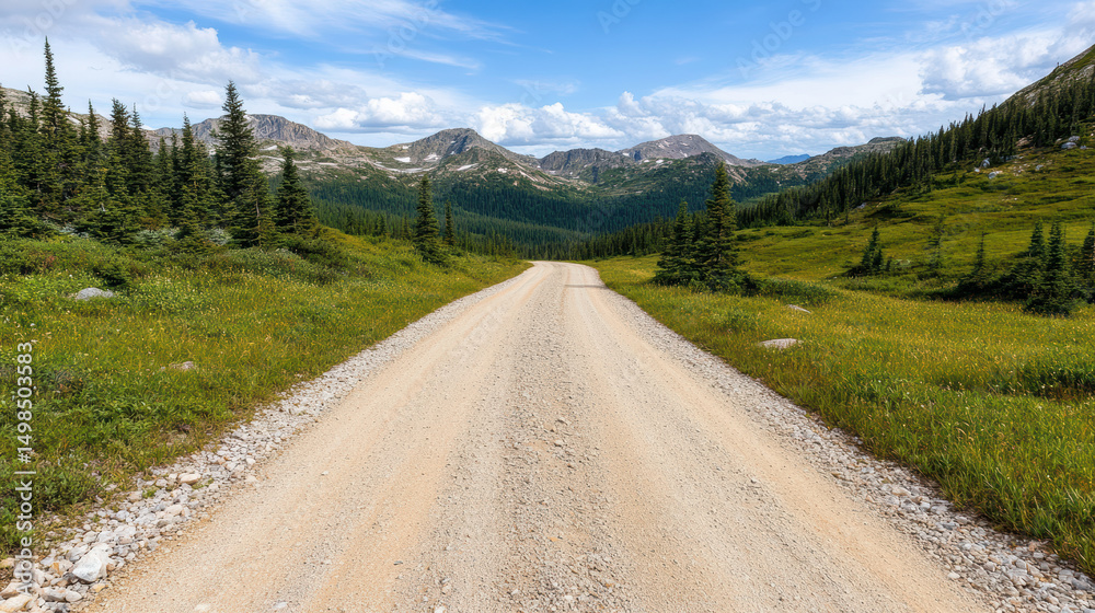 Fototapeta premium Remote gravel road leads through vast wilderness, surrounded by mountains and greenery