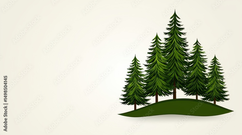 Naklejka premium Five Green Pine Trees on a Hill Against a Beige Background