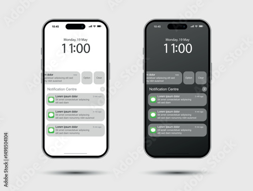 Notification screen phone with UI Design. Dark and light mode background