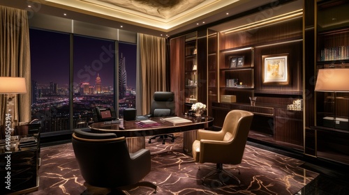 Modern luxurious office night cityscape view dark wood furnishings elegant workspace interior design