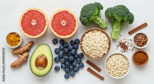 Wallpaper Mural Flat lay of healthy superfoods including grapefruit, avocado, blueberries, turmeric, oats, broccoli, and spices on a white background. Clean eating, immune boosting, and nutritious diet concept. Torontodigital.ca