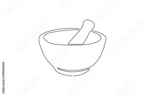 Continuous one line drawing of Mortar and pestle. Single line drawing illustration of Retro Mortar and Pestle. Bowl leaves therapy drug eco concept vector art. Doodle line illustration.