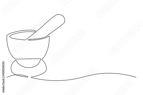 Continuous one line drawing of Mortar and pestle. Single line drawing illustration of Retro Mortar and Pestle. Bowl leaves therapy drug eco concept vector art. Doodle line illustration.