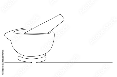 Continuous one line drawing of Mortar and pestle. Single line drawing illustration of Retro Mortar and Pestle. Bowl leaves therapy drug eco concept vector art. Doodle line illustration.