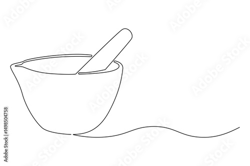 Continuous one line drawing of Mortar and pestle. Single line drawing illustration of Retro Mortar and Pestle. Bowl leaves therapy drug eco concept vector art. Doodle line illustration.