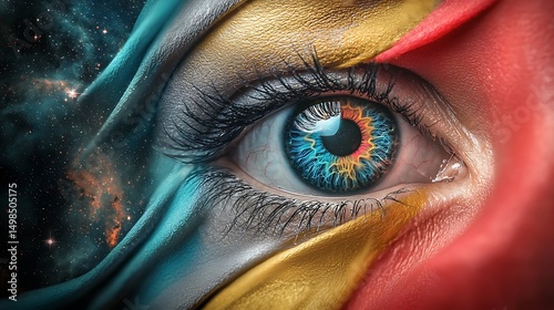 Close-up of a vibrant eye with colorful patterns and cosmic background, symbolizing vision and imagination