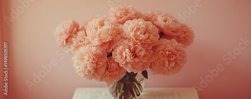 Pink peonies vase, book, pink wall