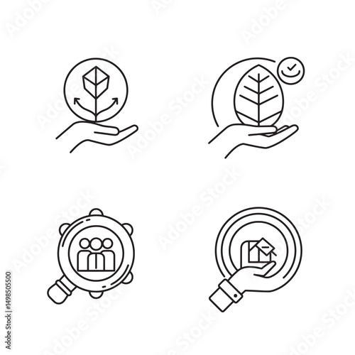 Conceptual minimalist silhouette icons featuring environmental protection and business growth illustrations
