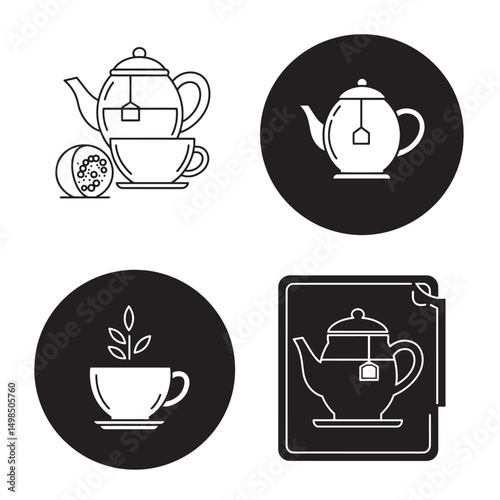 Elegant and minimalist tea icons featuring teapots tea bags and refreshing drink symbols