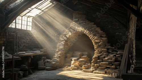 Sunlit stone interior aged bricks beams and dust motes in a historic building