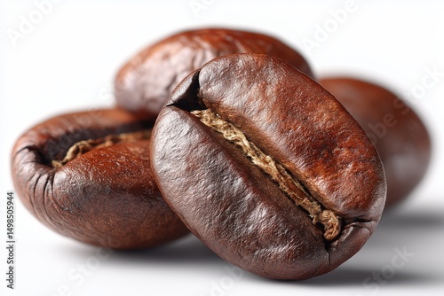 Three roasted coffee beans, glossy brown with visible cracks and crevices, positioned in a shallow depth of field against a pure white background